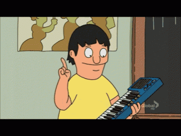 a cartoon character is holding a blue keyboard and pointing
