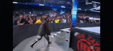 a wrestling match is being shown on a television screen