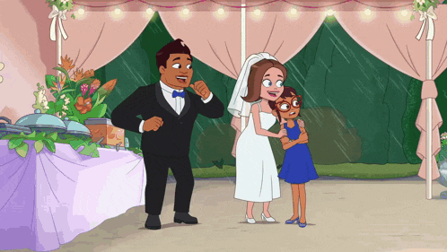 a cartoon of a bride and groom standing next to their daughter