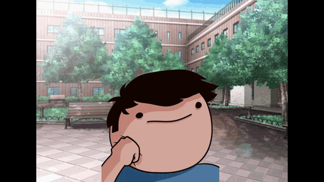 a cartoon drawing of a boy standing in front of a building with trees in the background