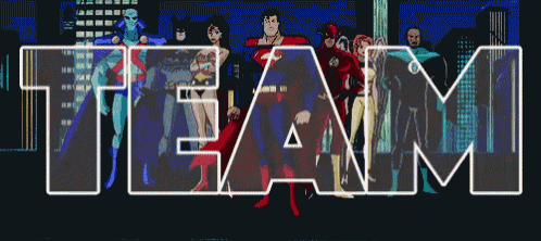 a group of superheroes are standing in front of the word " team "
