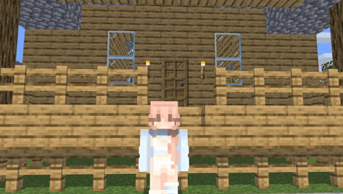 a girl with pink hair is standing in front of a wooden building