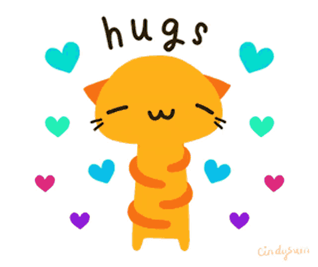 a cartoon of a cat surrounded by hearts and the words hugs