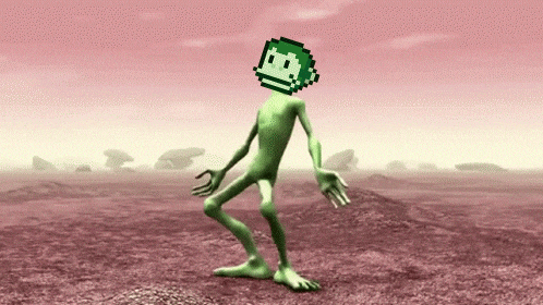 a cartoon character with a pixelated monkey head is dancing in a desert .