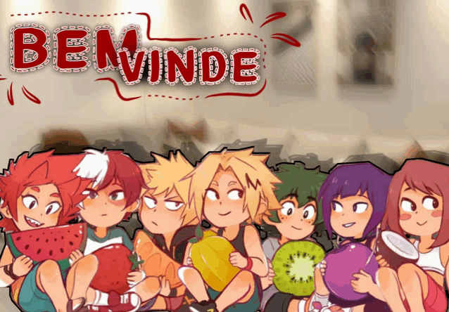 a group of cartoon characters holding fruit with the words bem vindoe written above them