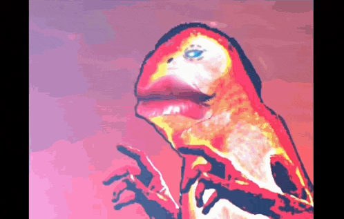 a colorful drawing of a frog with a big mouth and blue eyes