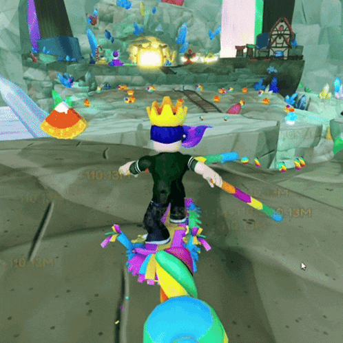a cartoon character with a crown on his head is in a video game with the numbers 10 13m visible