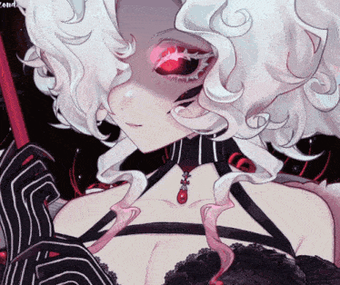 a drawing of a girl with white hair and red eyes has the word lond on the bottom left