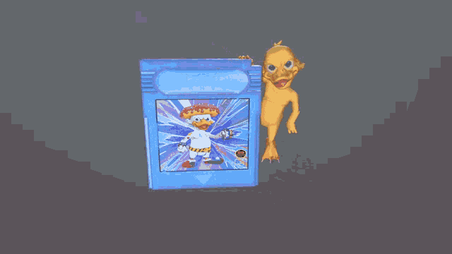 a toy duck is standing next to a video game card