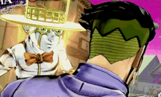 a cartoon character wearing a hat and a bow tie is standing next to another character .