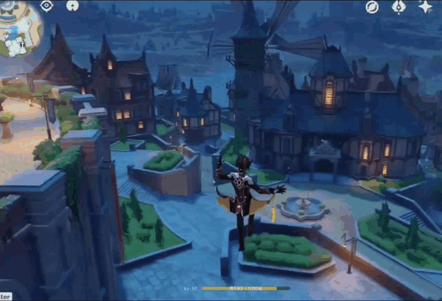 a screenshot of a video game shows a character flying over a city