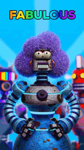 a cartoon robot with a purple afro and the word fabulous on the bottom