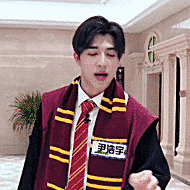 a man wearing a scarf and tie has a name tag that says ' e ' on it