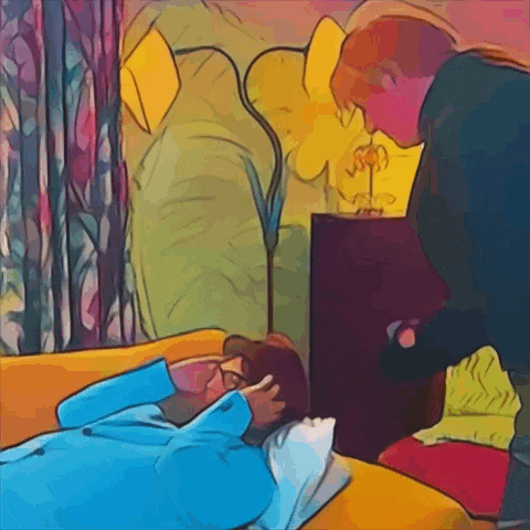 a cartoon drawing of a woman laying on a bed with a man standing next to her