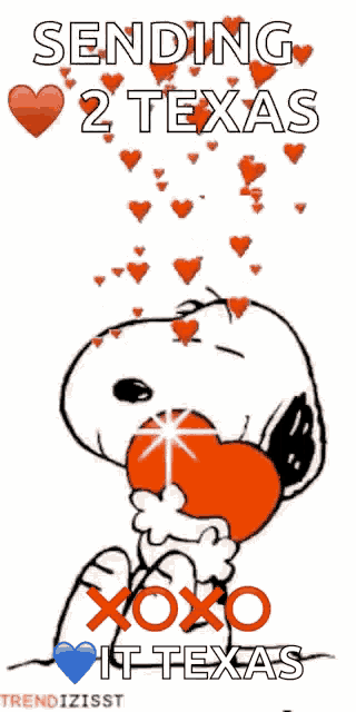 a cartoon of snoopy holding a red heart with the words sending 2 texas xoxo it texas