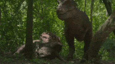 a t-rex standing next to a rhino in a forest