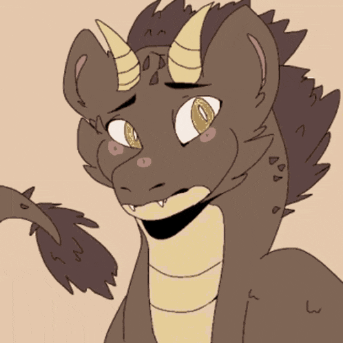 a drawing of a dragon with horns and a smile