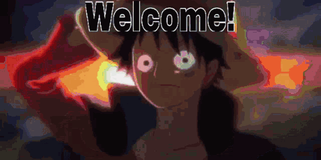 a monkey d luffy from one piece is standing in front of a welcome sign