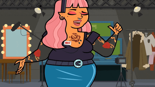 a cartoon drawing of a woman with tattoos and a name tag that says 0017