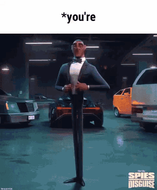 a cartoon character from the movie spies in disguise is standing in front of a car