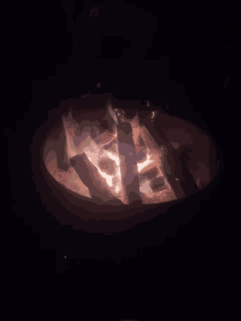 a fire is burning in a dark room with a few logs in it