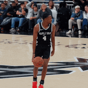 a basketball player for the spurs dribbles the ball on the court