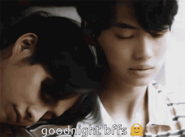 a couple of men laying next to each other with the words goodnight bffs written on the bottom