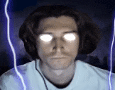 a man with glowing eyes is standing in front of a lightning storm .