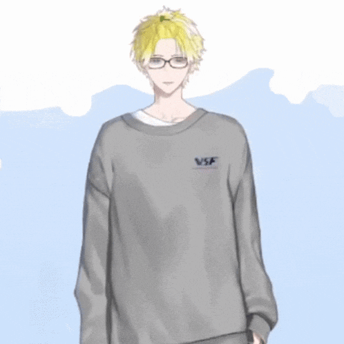 a drawing of a boy wearing a grey sweater with vsf written on the front