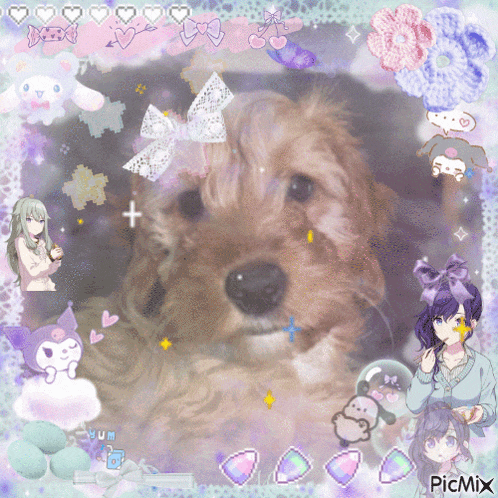 a picture of a dog is surrounded by anime characters and a picmix sticker