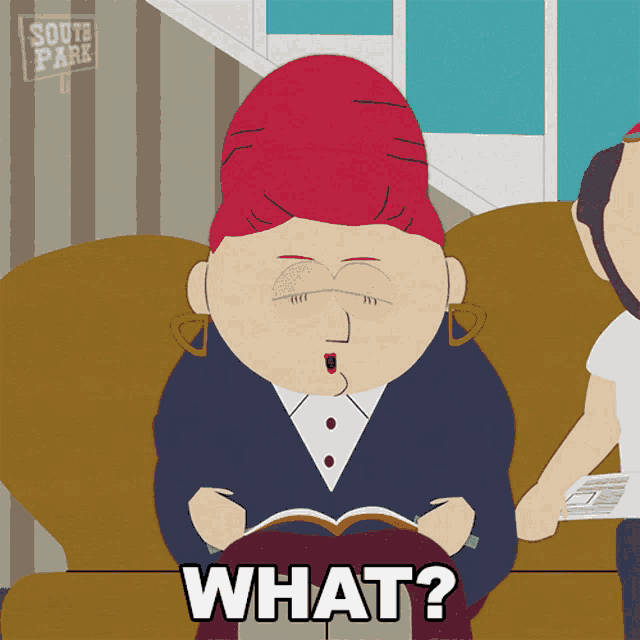 a cartoon of a woman sitting on a couch reading a book with the caption what