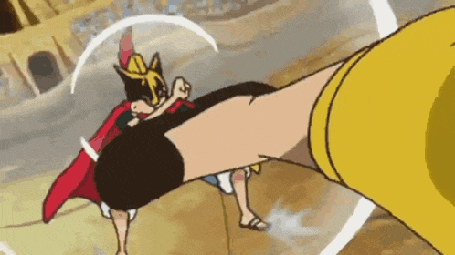 a cartoon character with a red cape is kicking another character in the face .