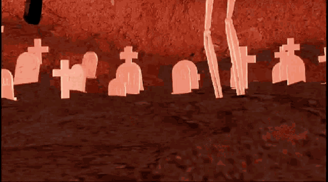 a cartoon of a cemetery with a skeleton holding a sword
