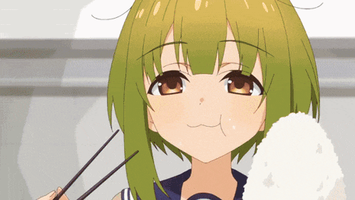 a girl with green hair is holding chopsticks and rice