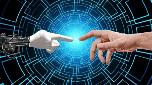 a robotic hand and a human hand touching