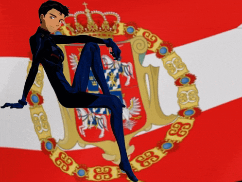 a man in a blue suit sits in front of a coat of arms with the number 88 on it