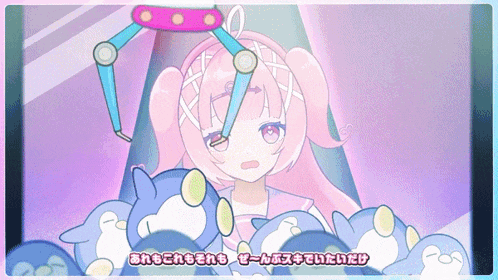 a girl with pink hair is surrounded by penguins in a cartoon