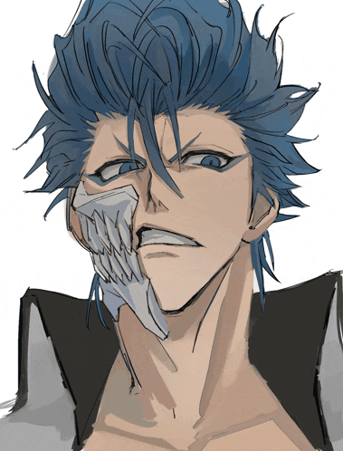 a drawing of a man with blue hair and a white mask