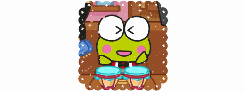 a frog with big eyes is playing drums in a picture frame