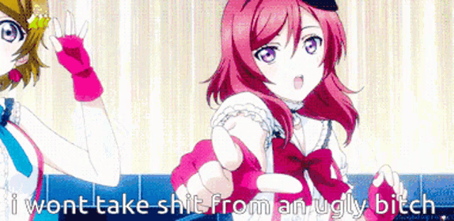 a picture of a girl with the words " i wont take shit from an ugly bitch " on the bottom