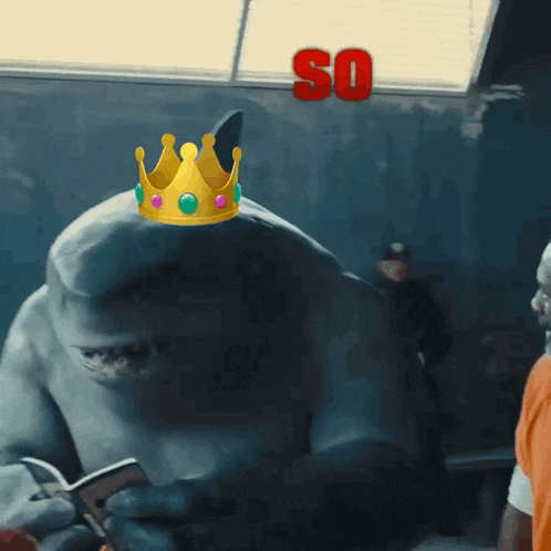 a picture of a shark with a crown on its head and the word so above it