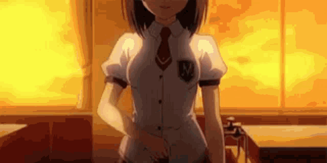 a girl in a school uniform and tie is standing in a room with a fire in the background .