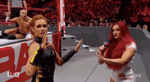 two women are standing next to each other in a wrestling ring while a man sits on the floor .