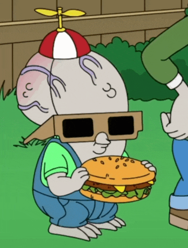 a cartoon character wearing sunglasses and a hat holds a hamburger