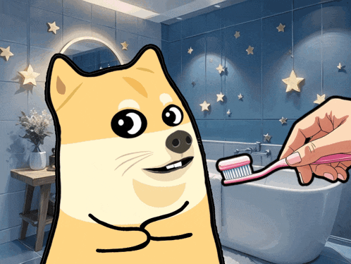 a doge is being brushed in a bathroom with stars on the wall