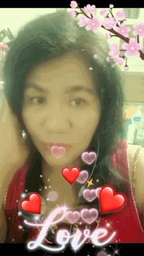 a picture of a woman with hearts and the word love