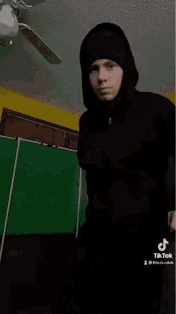 a room with a ceiling fan and a green screen .