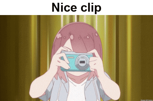 a girl is holding a camera in front of her face with the words nice clip below her