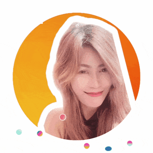 a woman with long hair is smiling in a circle with colorful dots around her