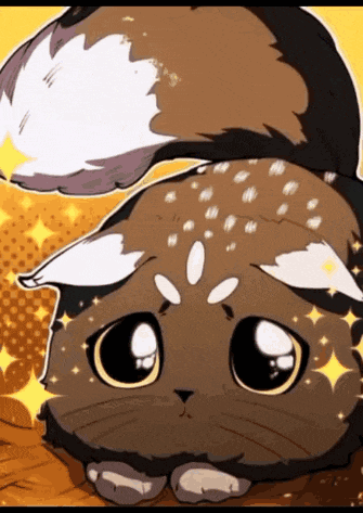 a cartoon drawing of a cat with big eyes and a tail